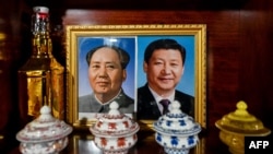 中国西藏林芝一个村庄旅馆里供奉的中共前领导人毛泽东与现领导人习近平的画像。(2021年6月4日)