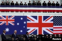 美国、英国和澳大利亚领导人2023年3月13日宣布推进AUKUS核潜艇方案。(路透社)