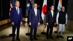 美国总统拜登、日本首相岸田文雄、澳大利亚总理阿尔巴内斯和印度总理莫迪在日本广岛出席“四方安全对话”(QUAD) 会议。(2023年5月20日)