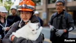 台湾花莲一名16岁的姑娘在撤离时抱着自己的宠物猫。(2024年4月4日)