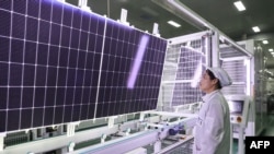 资料 - 2024 年 1 月 4 日,中国东部江苏省连云港市的一家工厂,一名员工正在生产将用于出口的太阳能光伏组件。