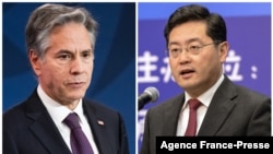 资料照片:美国国务卿布林肯与中国新任外交部长秦刚。