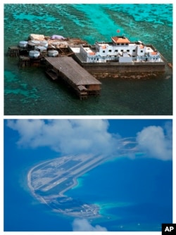 中国在有争议的南中国海海域美济礁上修建的建筑物的对比照片:上图是1999年2月8日拍摄的;下图是2022年3月20日拍摄的。