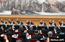 中共领导人习近平和他的班子在中共二十大会议上齐齐举手。(2022年10月18日)