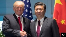 美国总统川普(左)与中国国家主席习近平在德国汉堡召开的20国集团峰会上握手。(2017年7月8日)