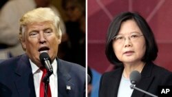 左图：美国当选总统川普在俄亥俄州辛辛那提对群众挥手和微笑（2016年12月1日）。右图：台湾总统蔡英文在台北的双十节庆祝大会上讲话（2016年10月10日）