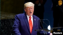美国总统特朗普在纽约联合国总部举行的第74届联合国大会上发表讲话。(2019年9月24日)