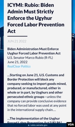参与发起的美国联邦参议员卢比奥星期二发表声明,敦促拜登政府“务必严格执行《防止强迫维吾尔人劳动法》”。(视频截图,2022年6月21日)