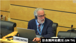 联合国人权事务委员会委员卡洛斯·戈麦斯·马丁内斯 (Carlos Gomez Martinez)向香港特区政府代表团提问,2022年7月6日。(联合国网站截图)