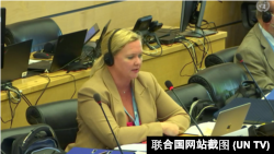 联合国人权事务委员会委员瓦西尔卡·桑钦 (Vasilka Sancin)向香港特区政府代表团提问,2022年7月7日。(联合国网站截图)
