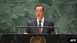 朝鲜驻联合国大使金星(Kim Song)周二(9月26日)在联合国大会上发言。(联合国图片)