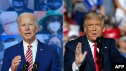 资料照:共和党总统候选人特朗普(右)和民主党总统候选人拜登分别在竞选集会上。