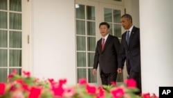 9月25日,美国总统奥巴马和中国主席习近平在白宫总统办公室的会晤前,走在白宫走廊上。
