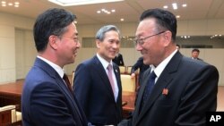 韩国统一部部长官永康杓(左)和一位负责韩国事务的朝鲜官员(右)握手(2015年8月25日)。