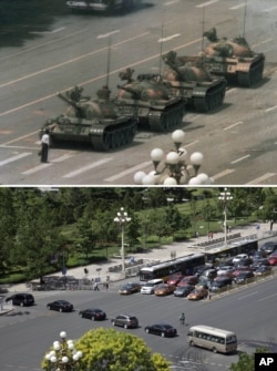 上图:1989年6月5日,王维林单人挡坦克。下图:25年后,2014年5月27日,同一地点,车队驶过长安街。
