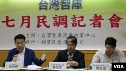 台湾智库发布7月份民调结果。左起:时代力量立法委员徐永明,台湾智库副执行长赖怡忠,台湾智库民调中心主任周永鸿(2016年7月,美国之音林枫拍摄)