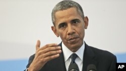 2013年9月6日奥巴马总统在俄罗斯的圣彼得堡举行20国峰会期间的记者会上发表谈话。