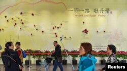 在北京举行的2019年世界园艺博览会上,参观者们走过一堵墙上,墙上挂着一幅地图,上面画着“一带一路”沿线国家的牡丹品种。(4月29日)