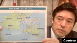 日本副防卫相中山泰秀2021年6月28日出席哈德逊研究所一个讨论会时解释中国的军事威胁(哈德逊研究所视频截图)