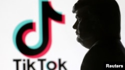 资料照:美国总统特朗普头像与TikTok标识