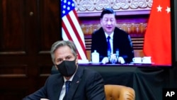 美国国务卿布林肯在白宫参加拜习视频首脑会谈。(2021年11月15日)
