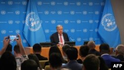 资料照片:2024年9月18日,联合国秘书长古特雷斯在纽约联合国大会第79届高级别会议开幕前的新闻发布会上发表讲话。(法新社照片)