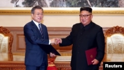 韩国总统文在寅(左)和朝鲜领导人金正恩在平壤签署《9月平壤共同宣言》后握手。(2018年9月19日)