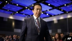 中国公安部副部长出身的国际刑警组织主席孟宏伟走上国际刑警组织世界大会的讲台,准备讲话(2017年7月4日)