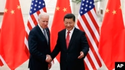 资料照:中国领导人习近平在北京人大会堂会晤时任美国副总统的拜登。(2013年12月4日)