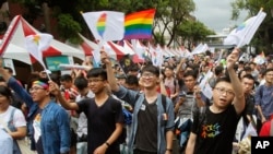 支持同性恋婚姻的群众在台湾立法院外面示威,支持台湾司法院大法官针对同性婚姻释宪案所作裁决