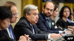 联合国秘书长古特雷斯(Antonio Guterres)于2019年2月25日在日内瓦举行的联合国裁军谈判会议上发表演讲。