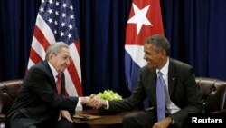 美国总统奥巴马与古巴国务委员会主席劳尔·卡斯特罗在纽约联合国总部会晤。(2015年9月25日)