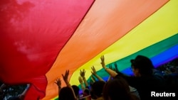资料照:香港同性恋团体举着LGBT旗帜参加游行。 (2014年11月8日)