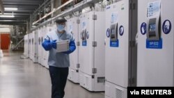 资料照:辉瑞公司在比利时的一名工作人员走过一排存储疫苗的冰柜。