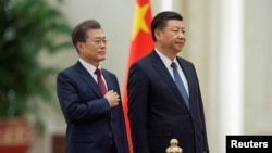 资料照:中国国家主席习近平为到访的韩国总统文在寅在北京人大会堂举行欢迎仪式。(2017年12月14日)