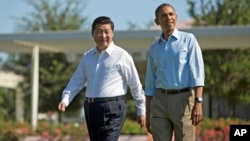 美国总统奥巴马和中国主席习近平在美国加州的“阳光之乡”散步(2013年6月8日)
