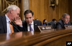 来自佛罗里达州的共和党联邦参议员鲁比奥(Marco Rubio,中)在参议院(2018年1月9日)