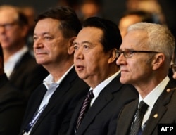国际刑警组织主席孟宏伟(右起第二人)和国际刑警组织秘书长卓尔金·斯托克(右)2017年7月4日出席新加坡国际刑警组织世界大会开幕式。