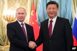 俄罗斯总统普京在克里姆林宫会晤到访的中国国家主席习近平。(2017年7月4日)