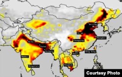 卫星示意图-2015:中国的空气仍然污染严重,但并不像污染最严重时期那样有毒。可是印度北部人口密集地区的污染已经失控。