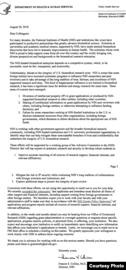 美国最大的医学科研机构、国立卫生研究院(NIH)院长弗朗西斯·柯林斯(Francis S. Collins)写信给大约10000个NIH资助的机构,要求他们明确披露各种形式的支持和资金来源,包括来自其他外国政府和外国机构的支持。