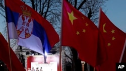 资料照:塞尔维亚人在贝尔格莱德挥舞塞尔维亚与中国国旗。(2020年2月22日)
