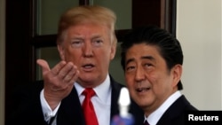 川普总统在白宫欢迎日本首相安倍晋三。(2018年6月7日)