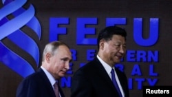 中国国家主席习近平和俄罗斯总统普京在符拉迪沃斯托克(又称海参崴)出席东方经济论坛期间举行圆桌会议商讨两国合作。(2018年9月11日)