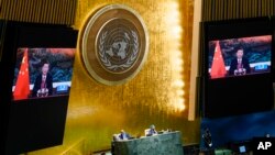中国领导人习近平在联合国大会上发表讲话。(2021年9月21日)