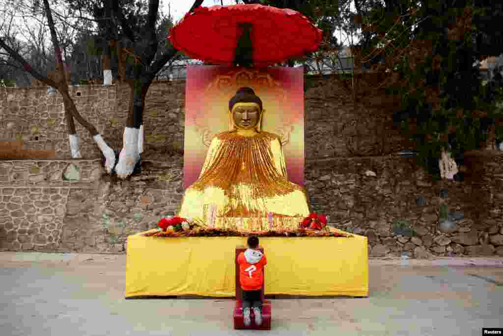 2018年2月17日,北京春节庆祝中国农历新年期间,一个男孩在八大处公园的一座佛教寺庙拜佛。佛教在中国广为流传,寺庙、佛像和僧人众多。但近年来,网上大量视频、图片和消息显示,本应是佛门净地的许多中国寺院变成“摇钱树”,许多僧人出入乘坐豪车,美酒美女相伴,加上大批“假和尚”行骗,令佛门浑浊。