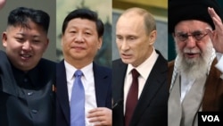 颠覆世界秩序四人组?(从左至右:朝鲜领导人金正恩、中国领导人习近平、俄罗斯总统弗拉基米尔·普京以及伊朗伊斯兰共和国最高领袖阿亚图拉·阿里·哈梅内伊)。