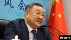 中国外交部军控司司长傅聪在记者会上讲话。(2020年7月8日)