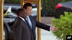 2014年8月25日,中国国家主席习近平和津巴布韦总统罗伯特·穆加贝在北京欢迎穆加贝的仪式上。
