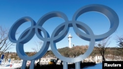 韩国平昌为迎接冬奥会竖起的奥运五环 (2018年1月23日)